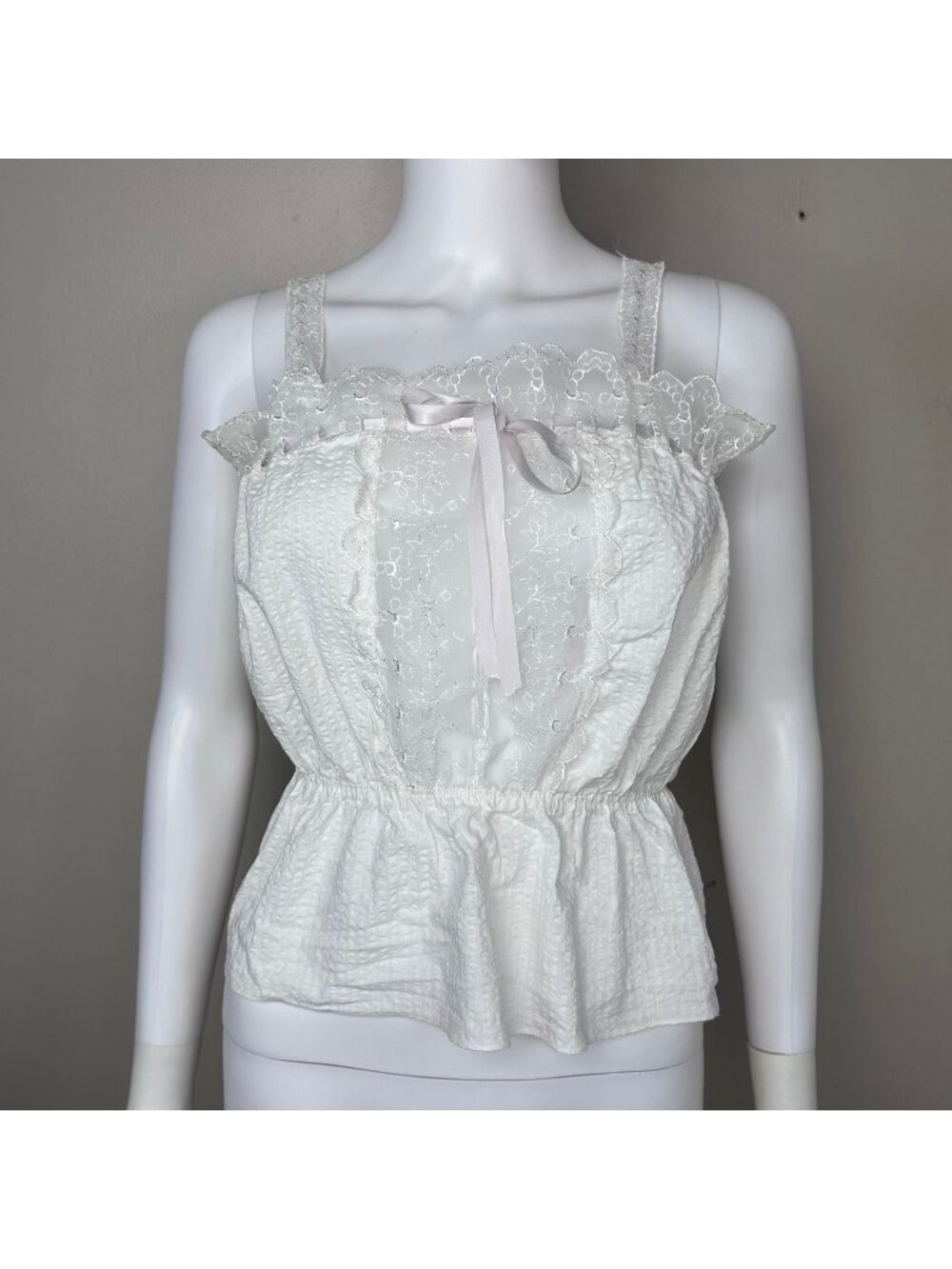Vintage 1950s White Seersucker Lingerie Tank Top, Peplum Blouse, Lace, Loomcraft